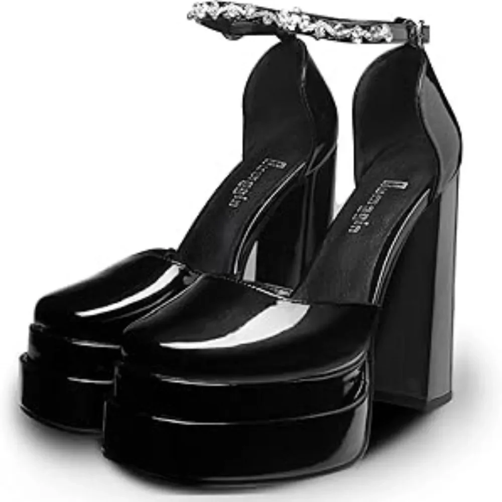 (36-4276) Women's Sexy Patent Leather Platform Chunky High Heels Sz 40 (9.5)